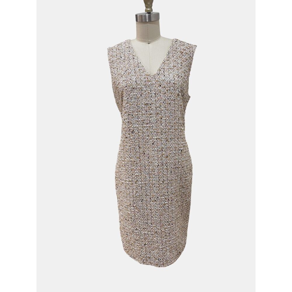 St John Dress Womens 10 Multicolor Tweed Glitter Sheath V Neck Knee Length